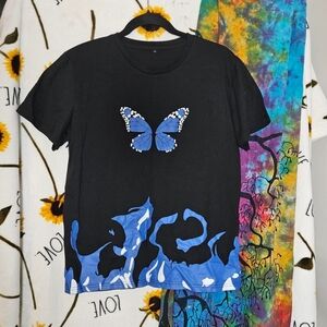 Shein Blue Butterfly with Flames short sleeve black shirt. Size Large